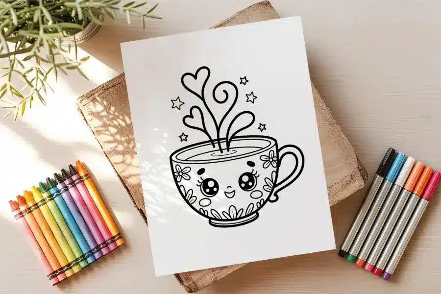 Line Drawing Of A Cute Cartoon Teacup With Hearts And Stars Above It.