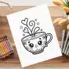 Line Drawing Of A Cute Cartoon Teacup With Hearts And Stars.