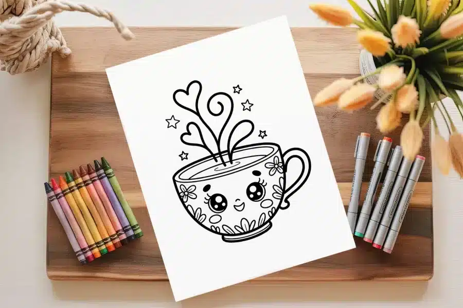 Line Drawing Of A Cute Cartoon Teacup With Hearts And Stars.