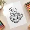Cute Teacup Heart Steam Coloring Page - Free Printable Aesthetic Coloring Sheet Of A Teacup With Face, Hearts, And Stars