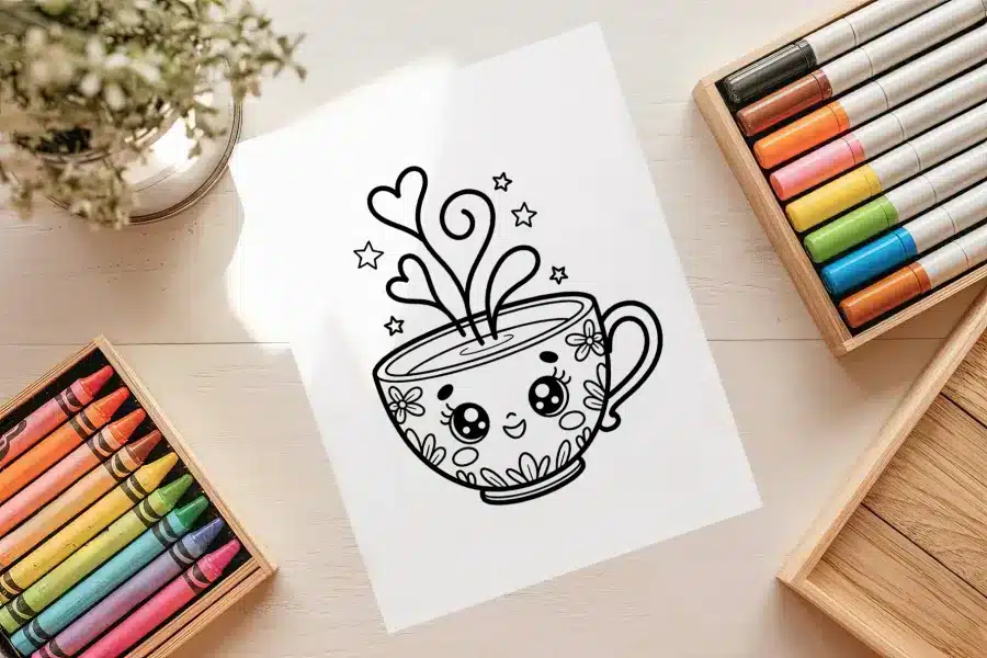 Cute Teacup Heart Steam Coloring Page - free printable aesthetic coloring sheet of a teacup with face, hearts, and stars