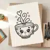Line Drawing Of A Cute Cartoon Teacup With Hearts For Steam.