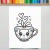 Line Drawing Of A Cute Cartoon Teacup With Hearts And Stars.