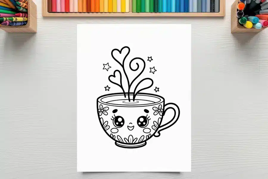Line Drawing Of A Cute Cartoon Teacup With Hearts And Stars.