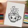 A Coloring Page Featuring A Cute Cartoon Cup Of Tea With Heart-Shaped Steam.