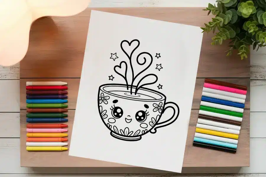 A Coloring Page Featuring A Cute Cartoon Cup Of Tea With Heart-Shaped Steam.