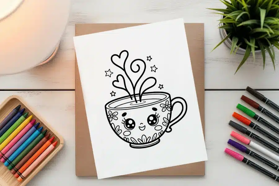 Line Drawing Of A Cute Cartoon Teacup With Hearts For Steam.