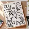 Coloring Page Featuring A Cute Unicorn Sitting Under A Rainbow With Stars And Flowers.