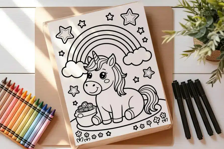 Coloring Page Featuring A Cute Unicorn Sitting Under A Rainbow With Stars And Flowers.