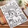 Coloring Page Featuring A Cute Unicorn Sitting Near A Pot Of Gold, Under A Rainbow And Stars.