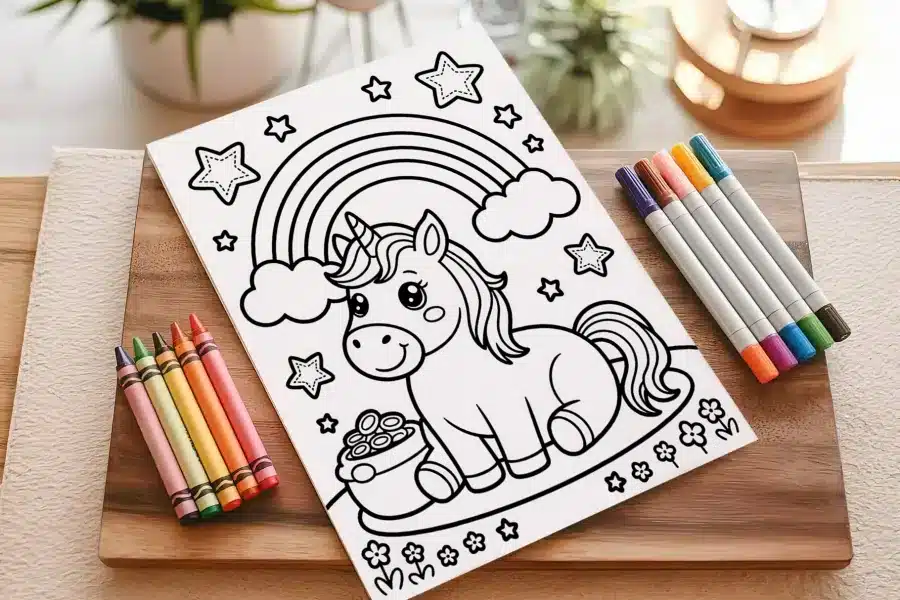 Coloring Page Featuring A Cute Unicorn Sitting Near A Pot Of Gold, Under A Rainbow And Stars.