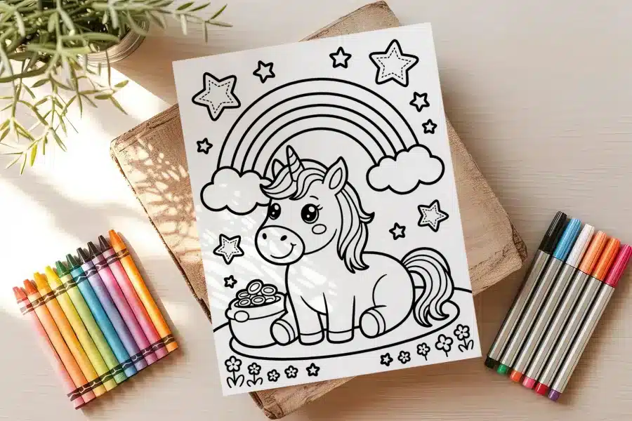 A Coloring Page Featuring A Cute Unicorn Sitting Under A Rainbow With Stars.