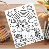 A Coloring Page Featuring A Cute Unicorn Sitting Under A Rainbow With Stars And Flowers.
