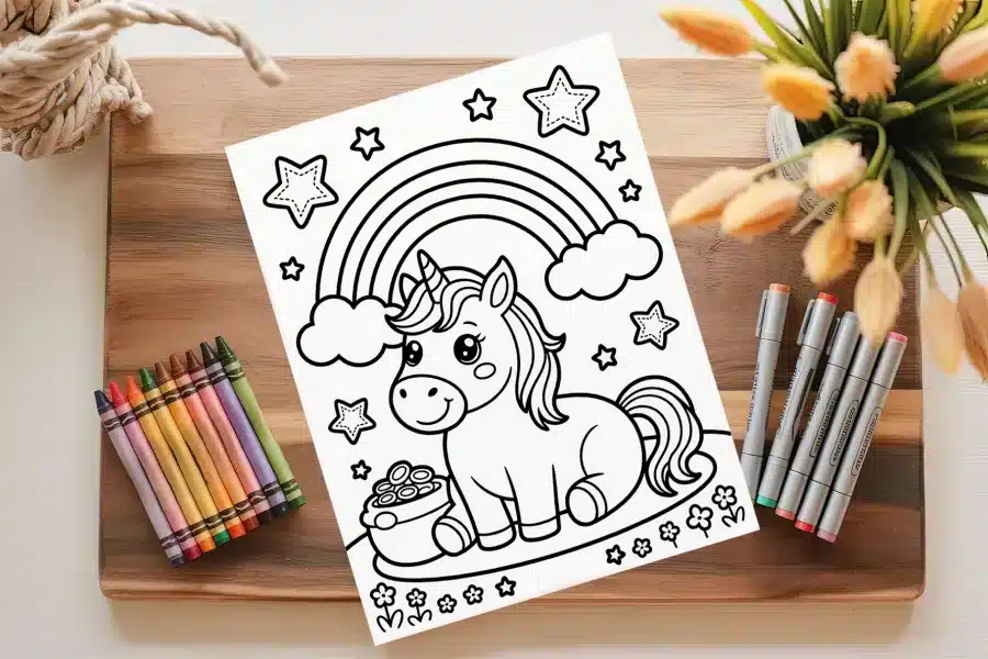 A Coloring Page Featuring A Cute Unicorn Sitting Under A Rainbow With Stars And Flowers.