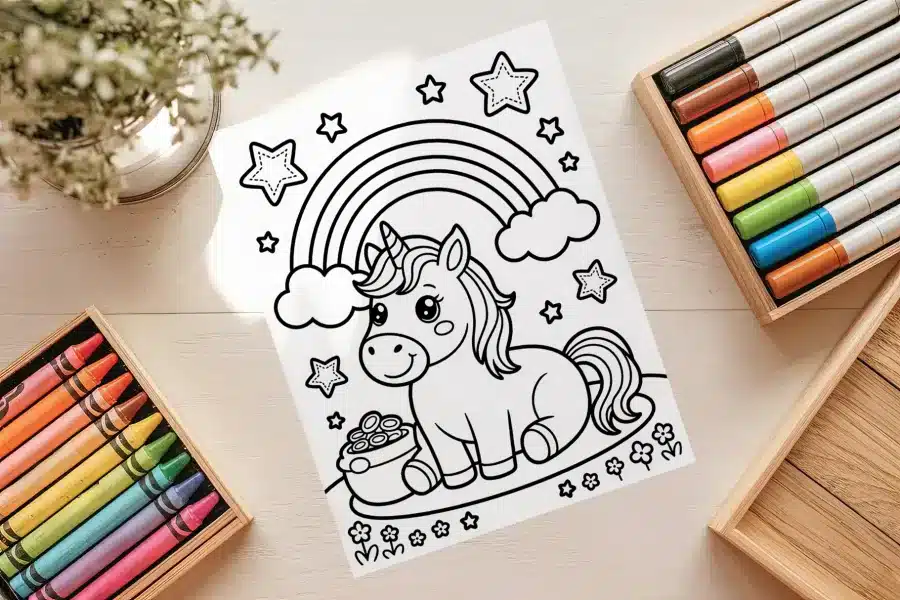 Unicorn Rainbow Pot of Gold Coloring Page - free printable aesthetic coloring sheet of a unicorn with rainbow and gold