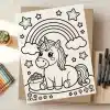 A Coloring Page Featuring A Cute Unicorn Sitting Under A Rainbow With Stars.