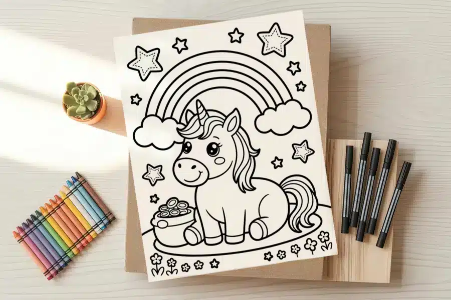 A coloring page featuring a cute unicorn sitting under a rainbow with stars.
