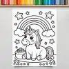 A Coloring Page Featuring A Cute Unicorn Sitting Under A Rainbow With Stars And Flowers.  The Unicorn Is Next To A Pot Of Gold.