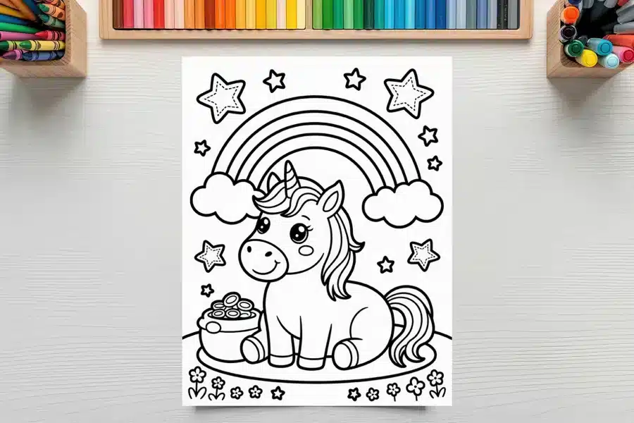 A Coloring Page Featuring A Cute Unicorn Sitting Under A Rainbow With Stars And Flowers.  The Unicorn Is Next To A Pot Of Gold.