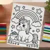 Coloring Page Featuring A Cute Unicorn Sitting Under A Rainbow With Stars.