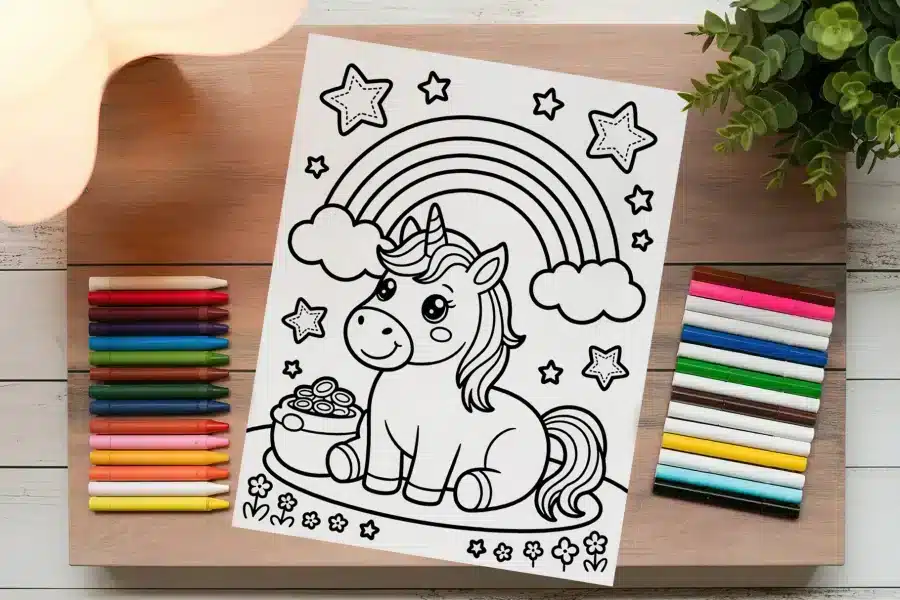 Coloring Page Featuring A Cute Unicorn Sitting Under A Rainbow With Stars.