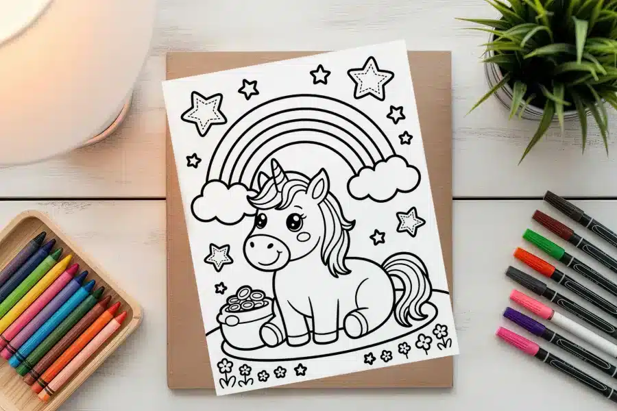 A Coloring Page Featuring A Cute Unicorn Sitting Under A Rainbow With Stars And A Pot Of Gold.