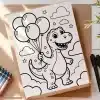 A Coloring Page Featuring A Cartoon Dinosaur Holding A Bunch Of Balloons.