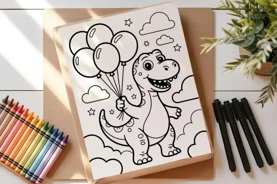 A Coloring Page Featuring A Cartoon Dinosaur Holding A Bunch Of Balloons.