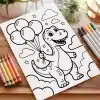 A Coloring Page Featuring A Cartoon Dinosaur Holding Balloons.