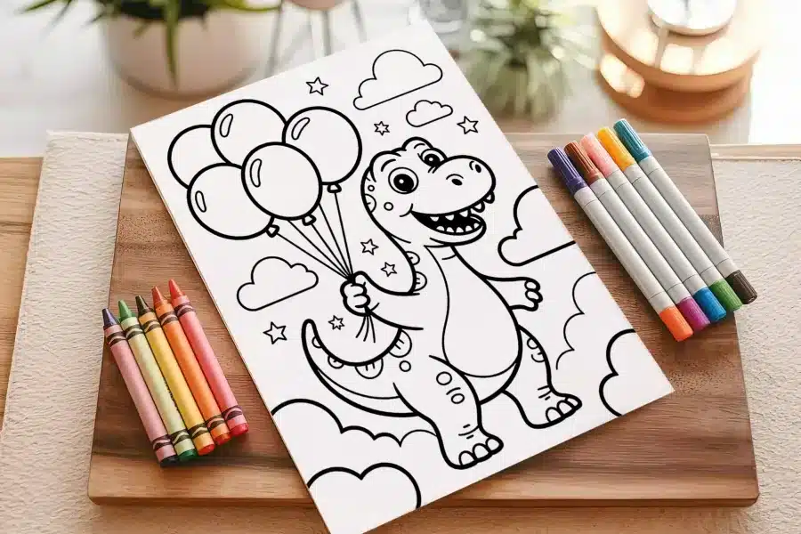 A Coloring Page Featuring A Cartoon Dinosaur Holding Balloons.