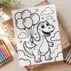 A Coloring Page Featuring A Cartoon Dinosaur Holding A Bunch Of Balloons.