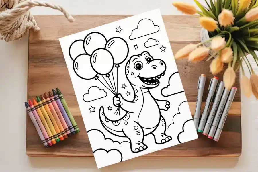 A Coloring Page Featuring A Happy Dinosaur Holding Balloons.