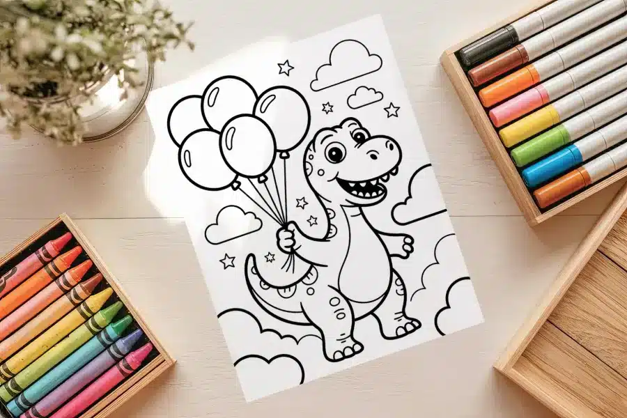 Dinosaur with Balloons Coloring Page - free printable aesthetic coloring sheet of a dinosaur holding balloons