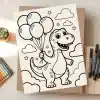 A Coloring Page Featuring A Cartoon Dinosaur Holding A Bunch Of Balloons.