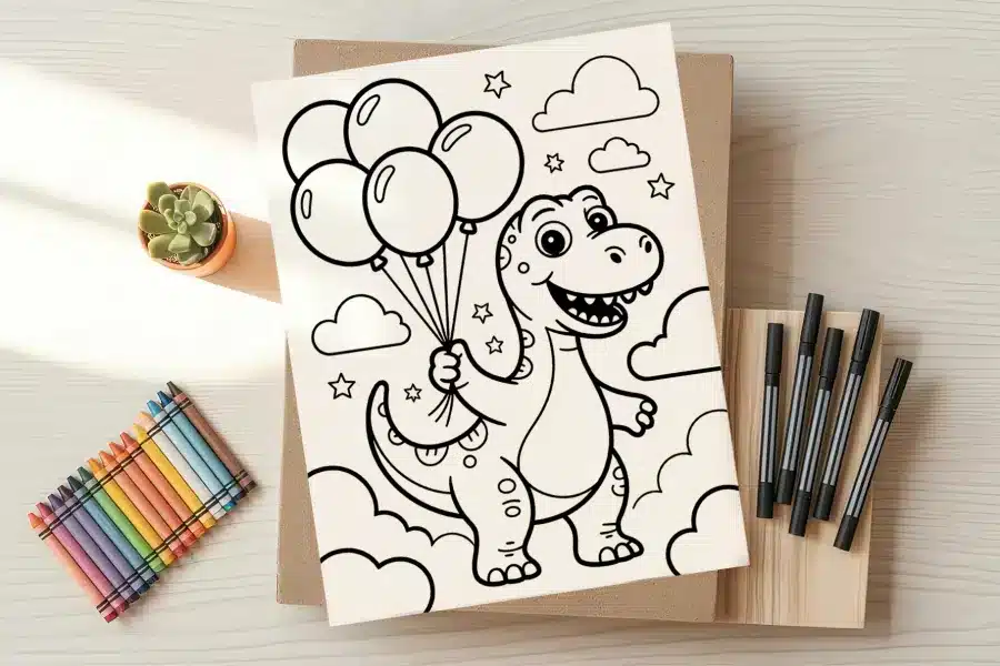 A coloring page featuring a cartoon dinosaur holding a bunch of balloons.