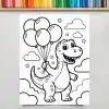 A Coloring Page Featuring A Happy Dinosaur Holding A Bunch Of Balloons.