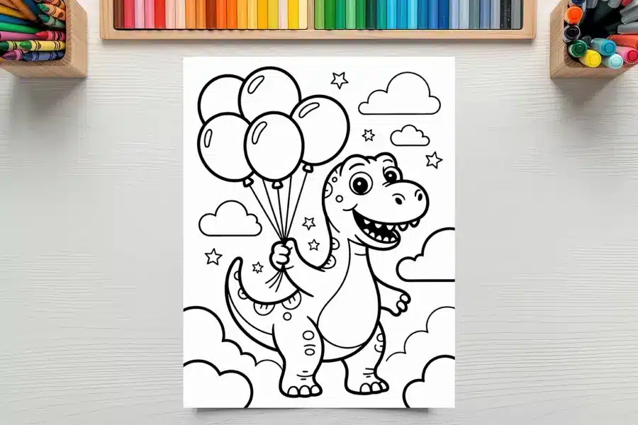 A Coloring Page Featuring A Happy Dinosaur Holding A Bunch Of Balloons.