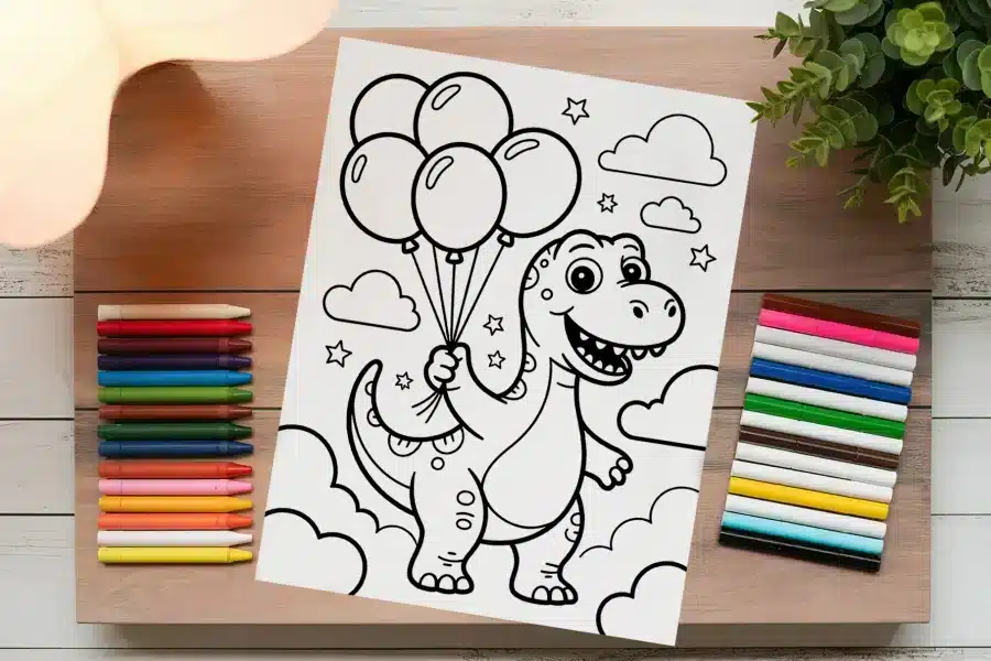 A Coloring Page Featuring A Cartoon Dinosaur Holding Balloons.