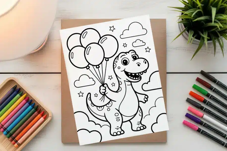 A Coloring Page Featuring A Cartoon Dinosaur Holding Four Balloons.