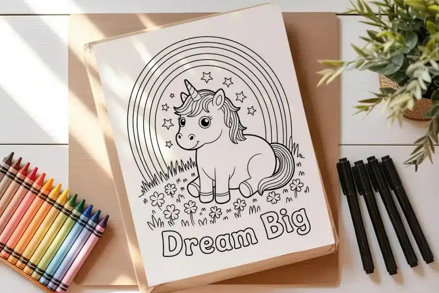 A Coloring Page Featuring A Cute Unicorn Sitting Under A Rainbow, Surrounded By Flowers, With The Words Dream Big Below.