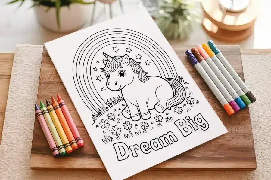 Coloring Page Featuring A Cute Unicorn Under A Rainbow With The Words Dream Big.