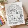 Coloring Page Of A Unicorn Sitting Under A Rainbow With The Words Dream Big.
