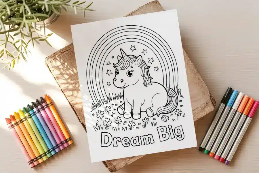 Coloring Page Of A Unicorn Sitting Under A Rainbow With The Words Dream Big.