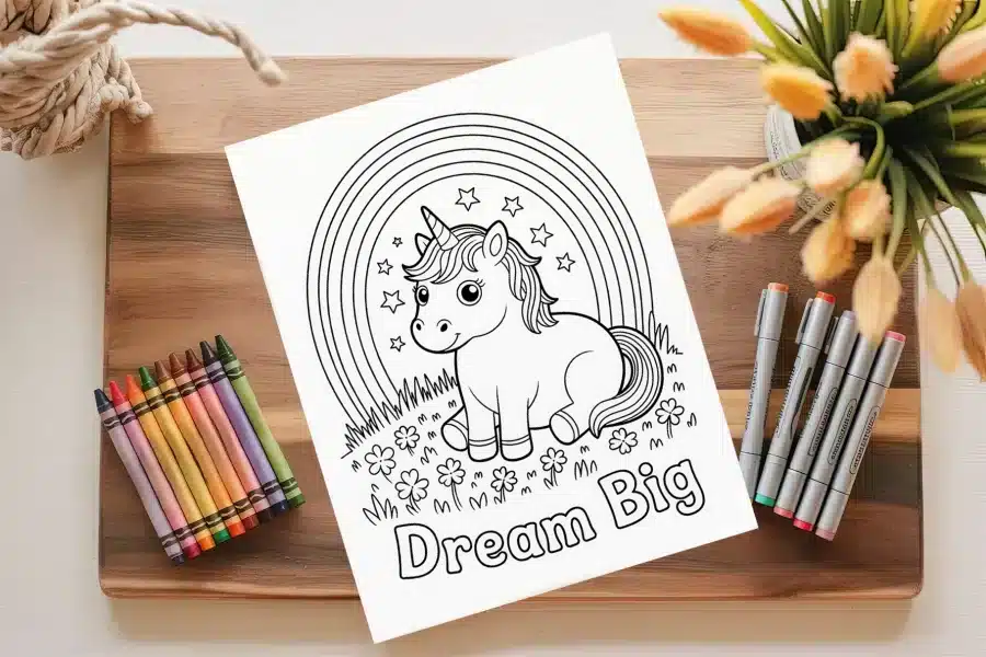 Coloring Page Featuring A Cute Unicorn Sitting Under A Rainbow With The Words Dream Big.