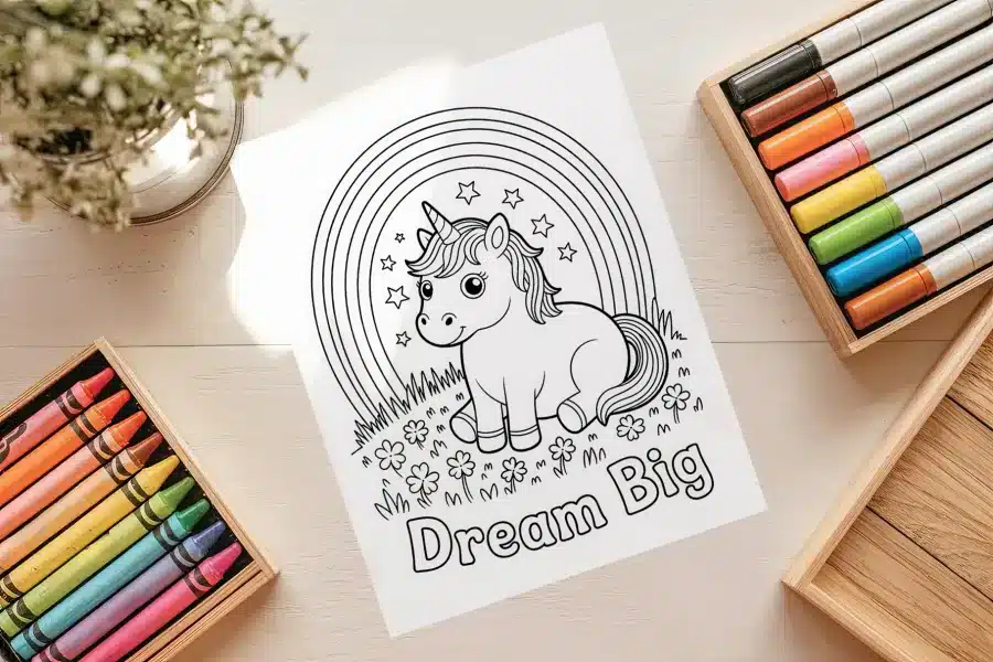 Dream Big Unicorn Coloring Page - free printable aesthetic coloring sheet of a unicorn under a rainbow with "Dream Big" text