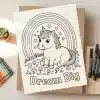 A Coloring Page Featuring A Cute Unicorn Sitting Under A Rainbow, With The Words Dream Big Below.