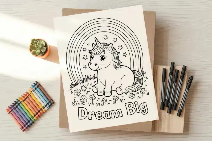 A coloring page featuring a cute unicorn sitting under a rainbow, with the words Dream Big below.