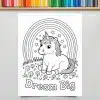 A Coloring Page Featuring A Cute Unicorn Sitting Under A Rainbow, Surrounded By Flowers And Stars.  The Words Dream Big Are Printed Below.
