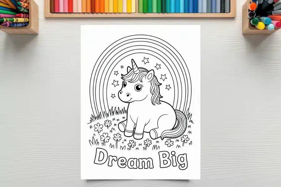 A Coloring Page Featuring A Cute Unicorn Sitting Under A Rainbow, Surrounded By Flowers And Stars.  The Words Dream Big Are Printed Below.