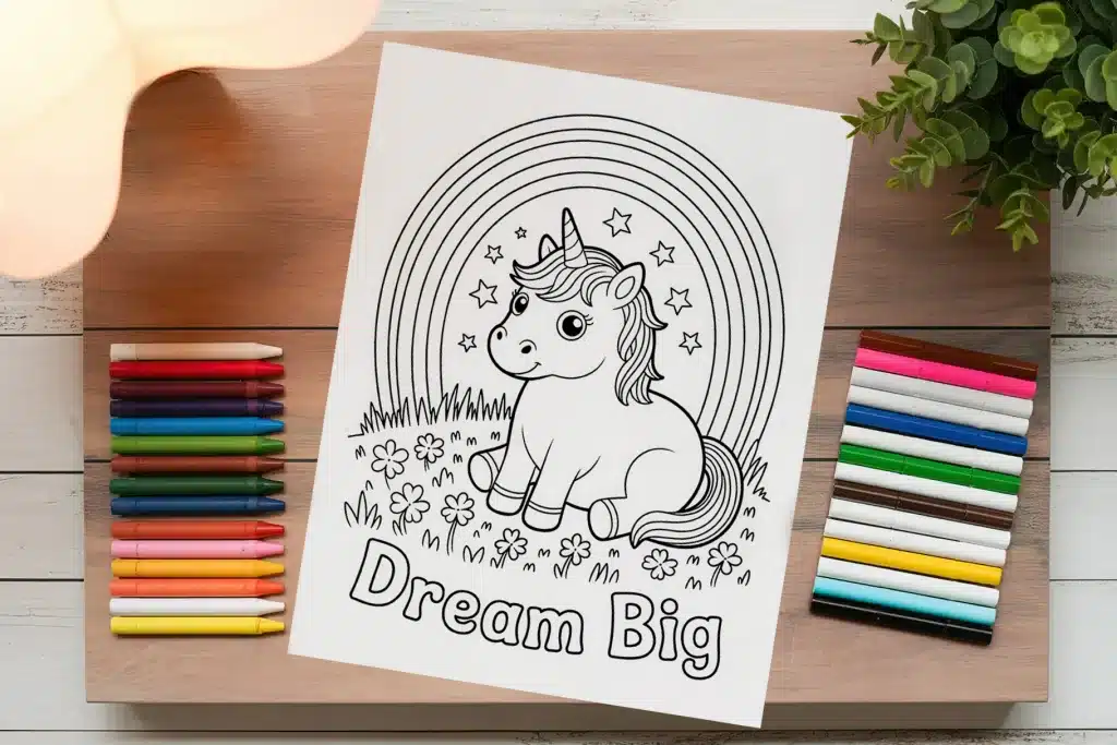 The Dream Big Unicorn Free Kids Printable Coloring Pages